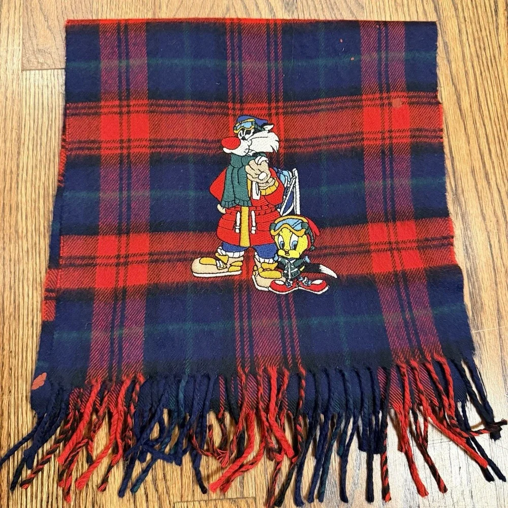 Vintage‎ Acme Clothing Looney Tunes Sylvester Tweety Plaid Scarf OS Red Blue